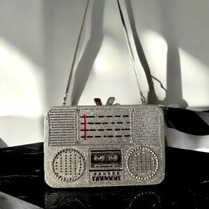 Boutique De FGG Retro Radio Boom Box Silver Crystal Rhinestone bag.